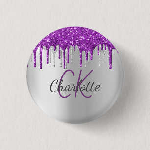 Badge Rond 2,50 Cm Parties scintillant violet gouttes argent nom mono