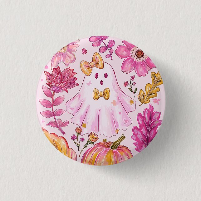 Badge Rond 2,50 Cm Pastel Pink Halloween Ghost with Flowers and Pumpk (Devant)