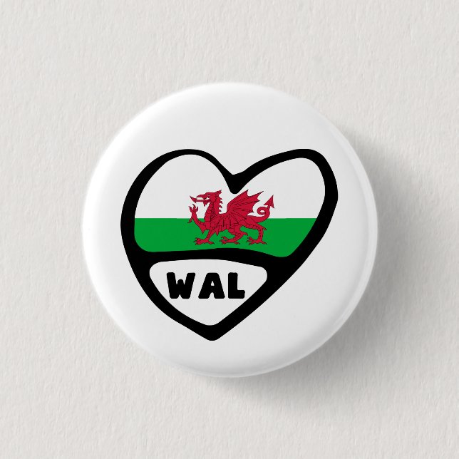 Badge Rond 2,50 Cm Pays de Galles Code Drapeau Coeur Insigne, Cymru (Devant)