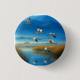 Badge Rond 2,50 Cm Paysage serein de lac naturel avec grue en vol