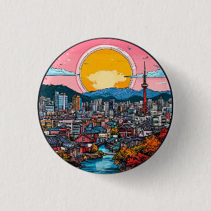 Badge Rond 2,50 Cm Paysage urbain vibrant de Séoul