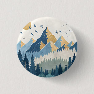 Badge Rond 2,50 Cm Peinture de montagnes avec des oiseaux en vol