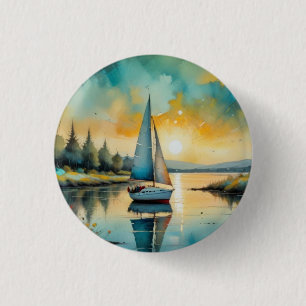 Badge Rond 2,50 Cm peinture de voilier au coucher du soleil