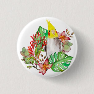 Badge Rond 2,50 Cm Perroquet de Corella mignonne en plantes tropicaux