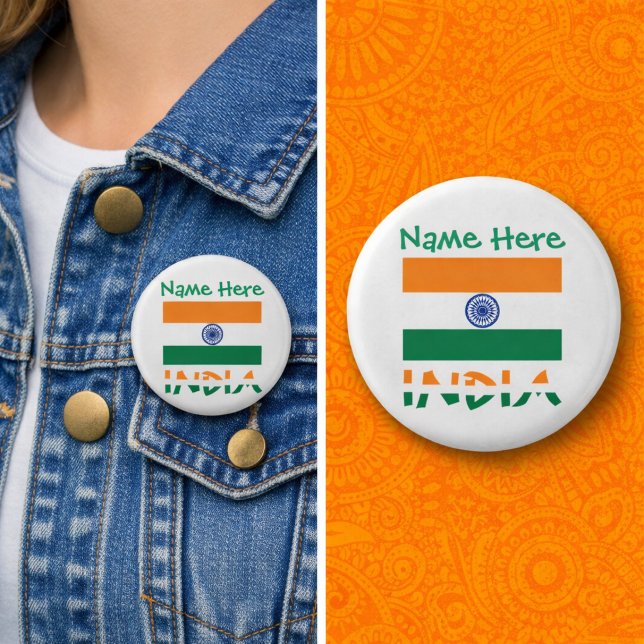 Badge Rond 2,50 Cm Personalized India Flag Round (Personalized button pin with Indian flag, INDIA in flag colors, and a place for a name above.)