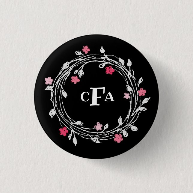 Badge Rond 2,50 Cm Personalized Monogram Black & White Floral Wreath (Devant)