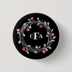 Badge Rond 2,50 Cm Personalized Monogram Black & White Floral Wreath