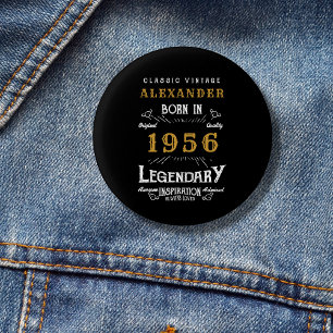 Badge Rond 2,50 Cm Personnalisé 70e anniversaire Né 1956 Vintage Noir