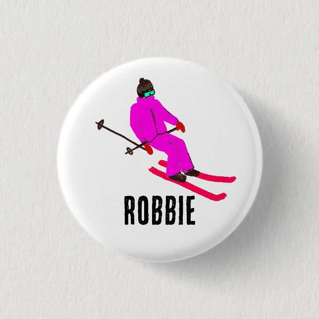 Badge Rond 2,50 Cm Personnalisé Nom personnalisé Retro Pink Skier Gir (Devant)