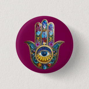 Badge Rond 2,50 Cm Pétales Colorés Feuilles Hamsa Saphir Troisième Œi
