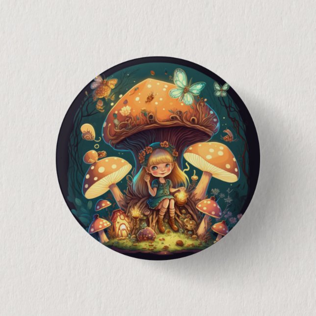 Badge Rond 2,50 Cm Petite elve de fille parmi les champignons (Devant)