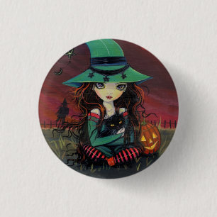 Badge Rond 2,50 Cm Petite Sorcière et Bouton de Chat Noir Halloween