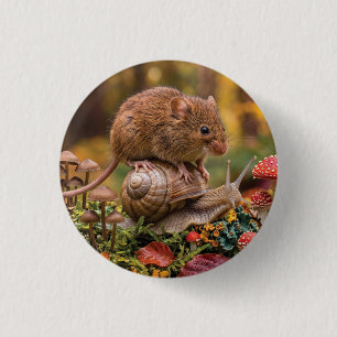 Badge Rond 2,50 Cm Petite Souris Chevauchant un Escargot dans la Forê