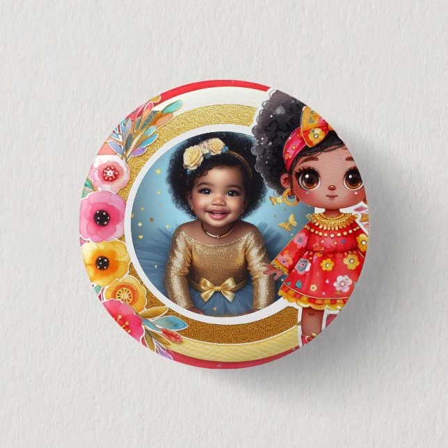Badge Rond 2,50 Cm Photo Anniversaire Little Black Fairy Red Gold (Devant)