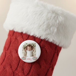 Badge Rond 2,50 Cm Photo de bébé premier Noël rouge personnaliser