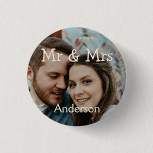 Badge Rond 2,50 Cm photo de couple Noël nom mr & mrs jaune