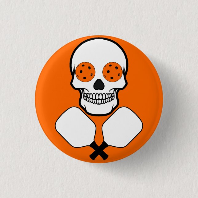 Badge Rond 2,50 Cm Pickleball Skull and Crossles Paddles, Orange Ball (Devant)
