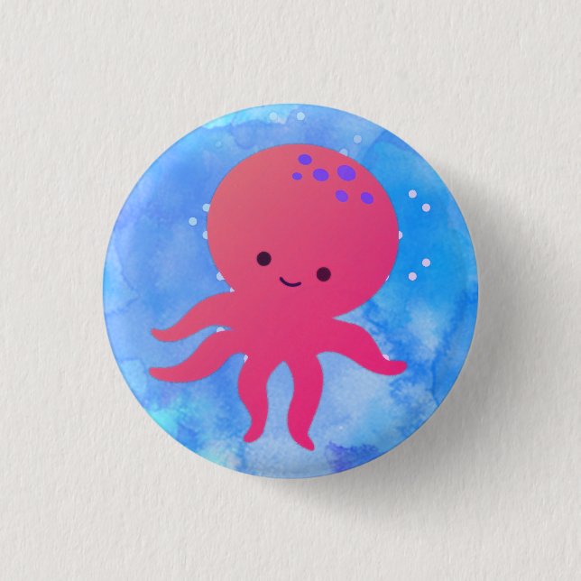 Badge Rond 2,50 Cm Pieuvre En Cartoon Cute Dans L'Aquarelle Bleue (Devant)