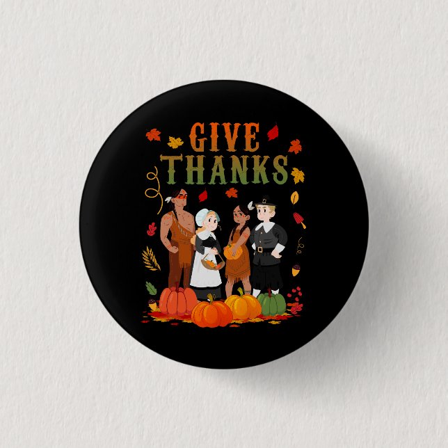 Badge Rond 2,50 Cm Pilgrims and Natives American Indian Thanksgiving (Devant)