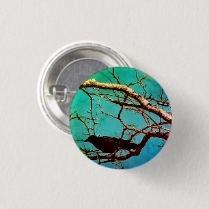Badge Rond 2,50 Cm Pin Photo d'Arbre Argenté avec Oiseau Noir Corbeau