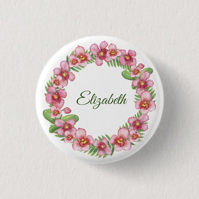 Badge Rond 2,50 Cm Pink and Green Floral Wreath Personalized Button (Devant)