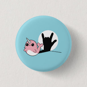 Badge Rond 2,50 Cm Pink Narwhal ASL I Love You - Deaf Culture Design