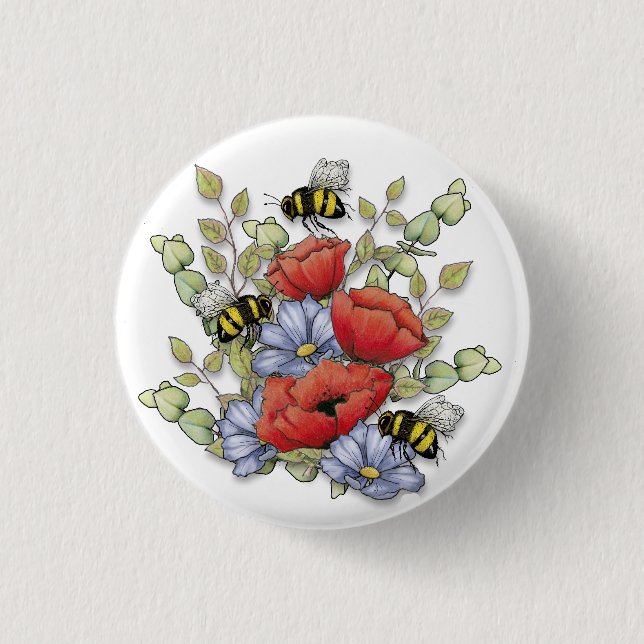 Badge Rond 2,50 Cm Poppy Flowers and Bees Digital Drawing, Botanical  (Devant)