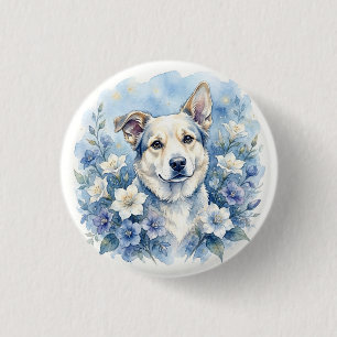 Badge Rond 2,50 Cm Portrait de chien floral botanique à l'aquarelle