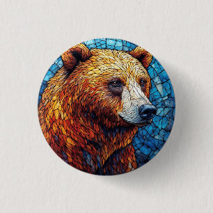 Badge Rond 2,50 Cm Portrait d'ours coloré dans un art de vitrail