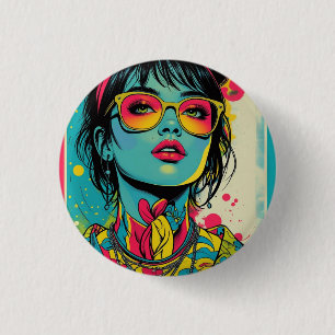 Badge Rond 2,50 Cm Portrait Neon Pop Diva - Art rétro gras et dynamiq