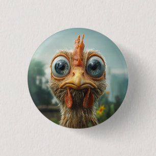 Badge Rond 2,50 Cm Poulet Drôle aux Grands Yeux en Gros Plan