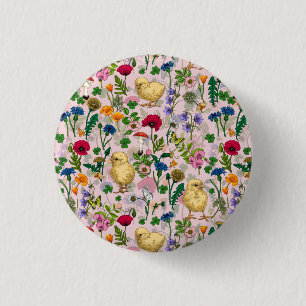 Badge Rond 2,50 Cm Poulets et fleurs sauvages sur coton bonbon rose