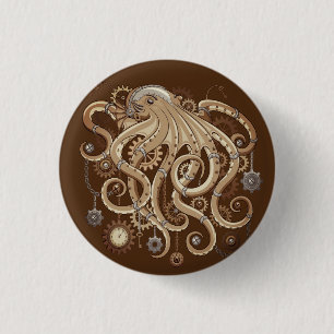 Badge Rond 2,50 Cm Poulpe Steampunk Rétro Fantastique Mécanique