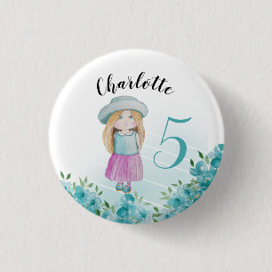 Badge Rond 2,50 Cm Poupée Bleue Douce Aquarelle Peinte à la main