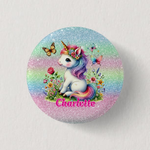 Badge Rond 2,50 Cm Prairie de licorne scintillante de fleurs sauvages