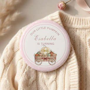 Badge Rond 2,50 Cm Premier Anniversaire Citrouille à Points Roses Fil