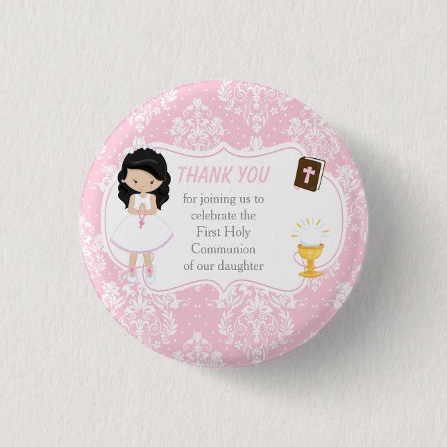 Badge Rond 2,50 Cm Première communion Black Hair Girl Merci (Devant)