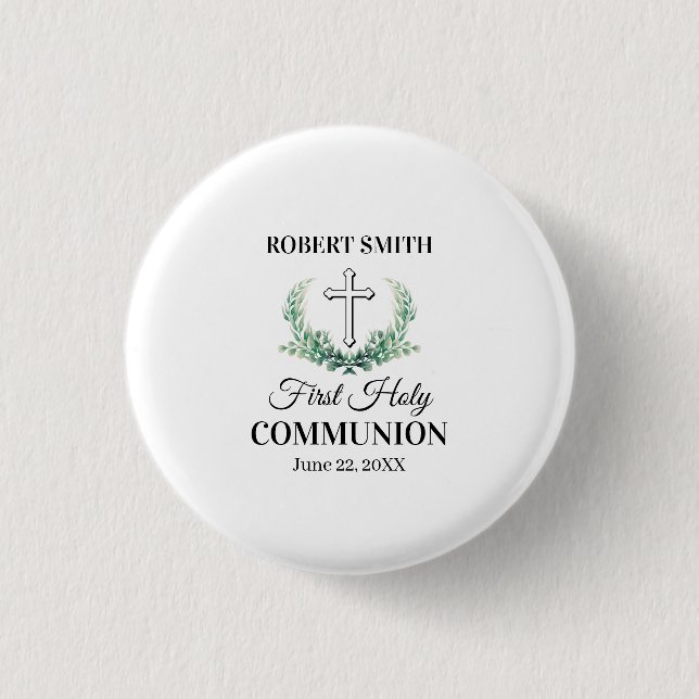 Badge Rond 2,50 Cm Première communion de la feuille verte (Devant)