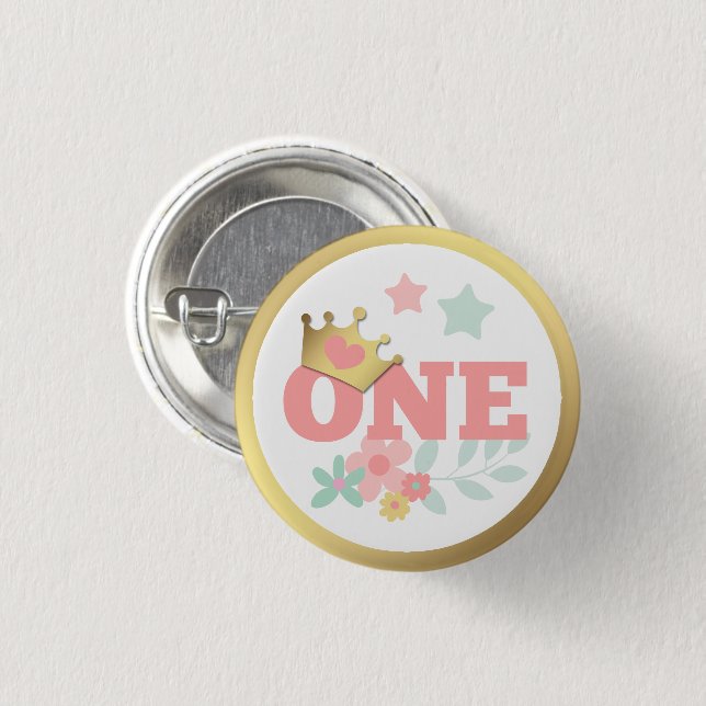 Badge Rond 2,50 Cm Princesse rose "One" Crown Baby Girl Premier anniv (Devant & derrière)