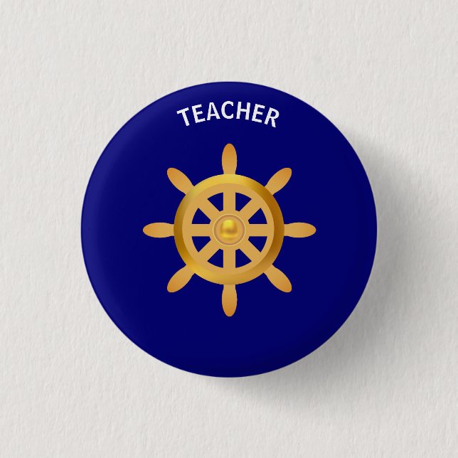 Badge Rond 2,50 Cm Professeur roue de navire dorée sur bleu royal (Devant)