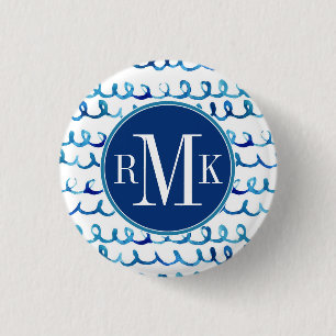 Badge Rond 2,50 Cm Profil onduleux d'aquarelle bleue peinte à la mai