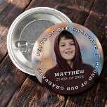 Badge Rond 2,50 Cm Proud of our Graduate 20XX Modern Graduation Photo<br><div class="desc">Celebrate your graduate in style with this custom photo graduation button badge! Featuring your favorite senior picture, personalized name, and class year, this “Proud of Our Graduate” pin is the perfect accessory for graduation ceremonies, senior nights, open houses, and graduation parties. Designed with a modern circular layout and bold typography,...</div>