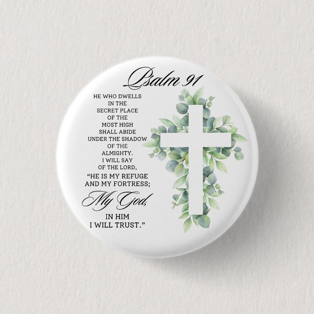 Badge Rond 2,50 Cm Psalm 91:1-2 Religious Cross Greenery Bible Verse (Devant)