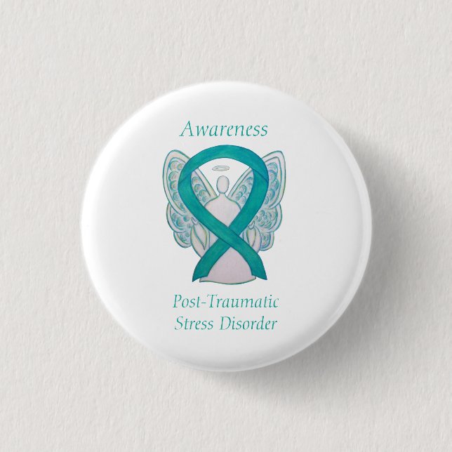 Badge Rond 2,50 Cm PTSD Sensibilisation Ruban Angle Turquoise Peintur (Devant)