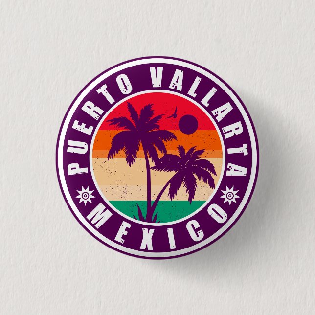 Badge Rond 2,50 Cm Puerto Vallarta Palm Tree Souvenir Rétro 80s (Devant)