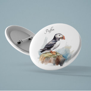 Badge Rond 2,50 Cm Puffin sur une aquarelle rocheuse, personnalisé