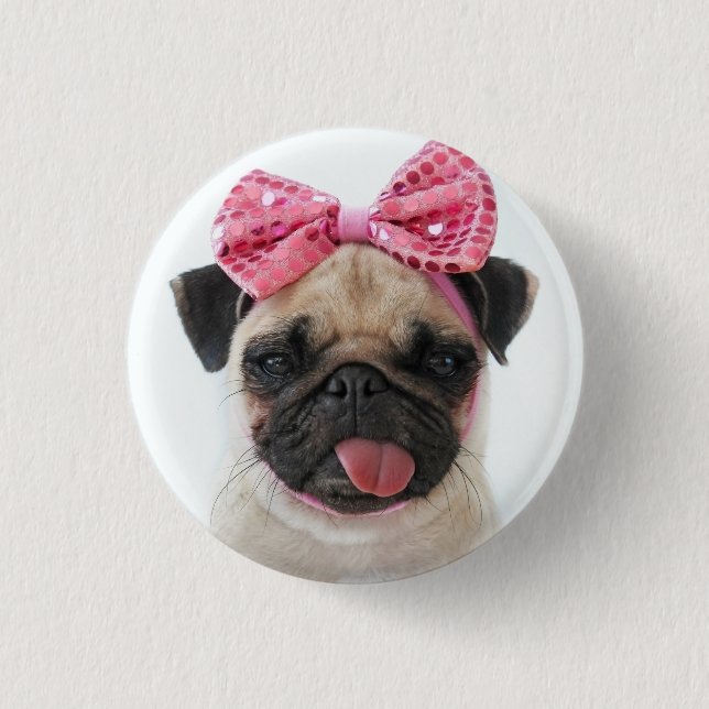 Badge Rond 2,50 Cm Pug with Pink Bow (Devant)