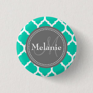 Badge Rond 2,50 Cm Quatrefoil bleu et gris monogramme