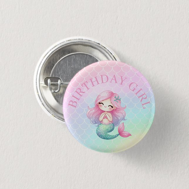 Badge Rond 2,50 Cm Queue de Sirène Bleu Vert Rose Anniversaire Fille (Devant & derrière)