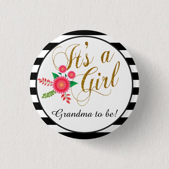 Badge Rond 2,50 Cm Rayures noires et blanches élégantes avec floral (Devant)